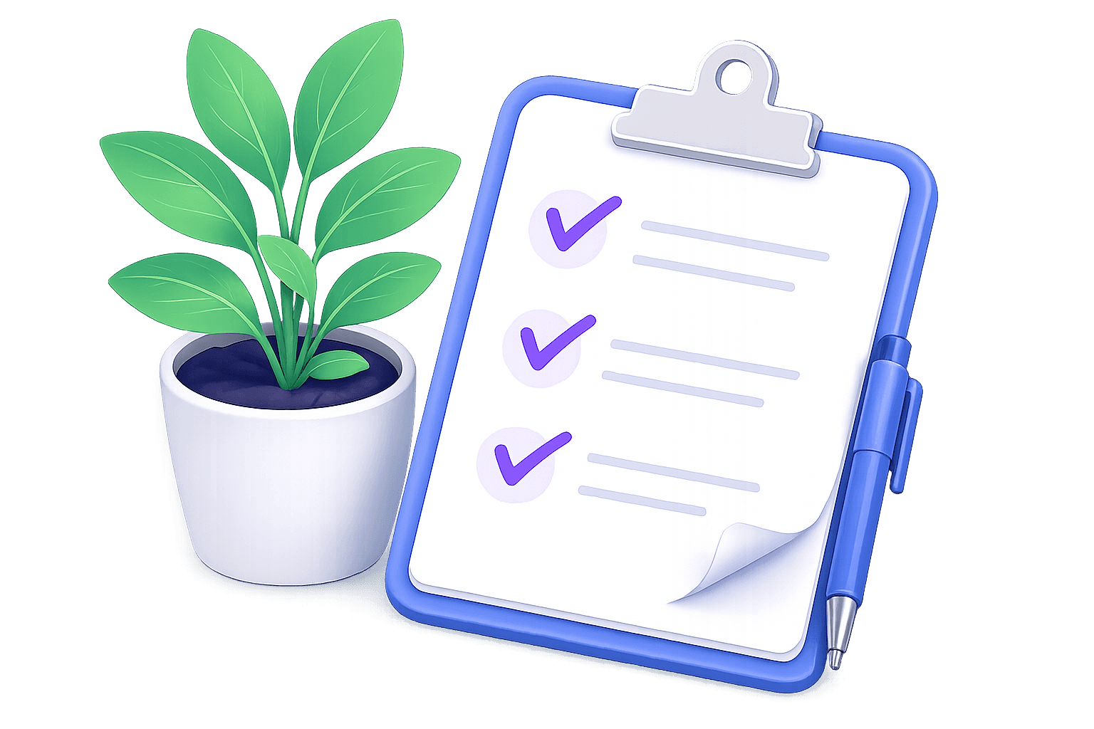 Illustration of a checklist, plant and pen for preparation notes.