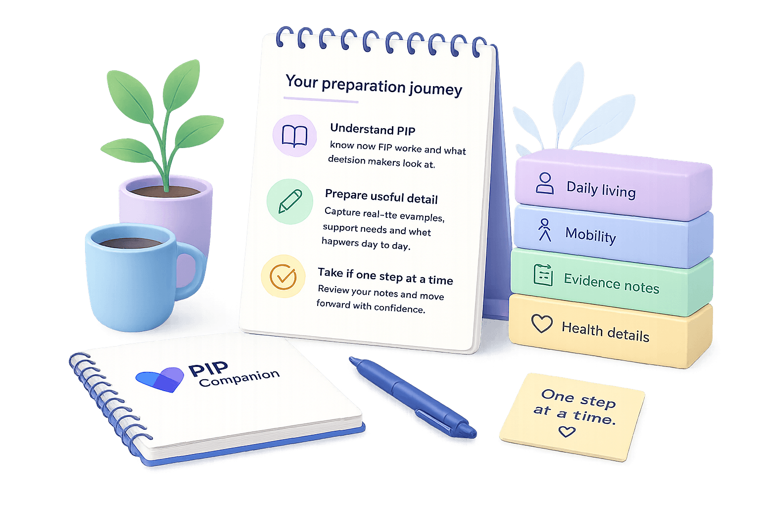 Illustration of a preparation notebook, daily living and mobility blocks, evidence notes, health details, and a calm desk setup.